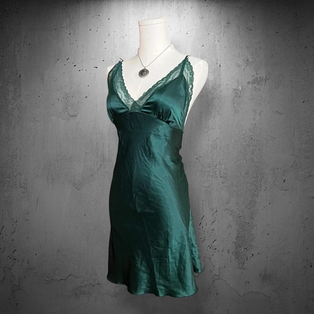 Floral Lace Trim Satin Chemise Slip Dress Med Forest Green Coquette Fairycore - Picture 4 of 7